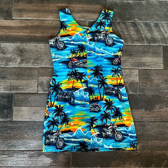K Y’s made in Hawaii bright cotton sheath dress with palm trees & motorcycles L - Picture 2 of 8